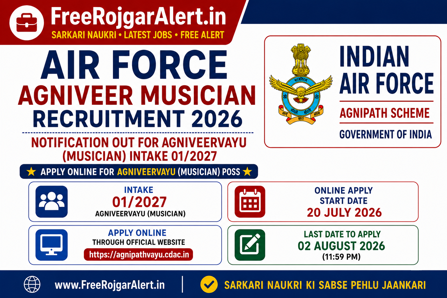 Air Force Agniveer Musician Recruitment 2026 Apply Online for Agniveervayu Intake 01/2027