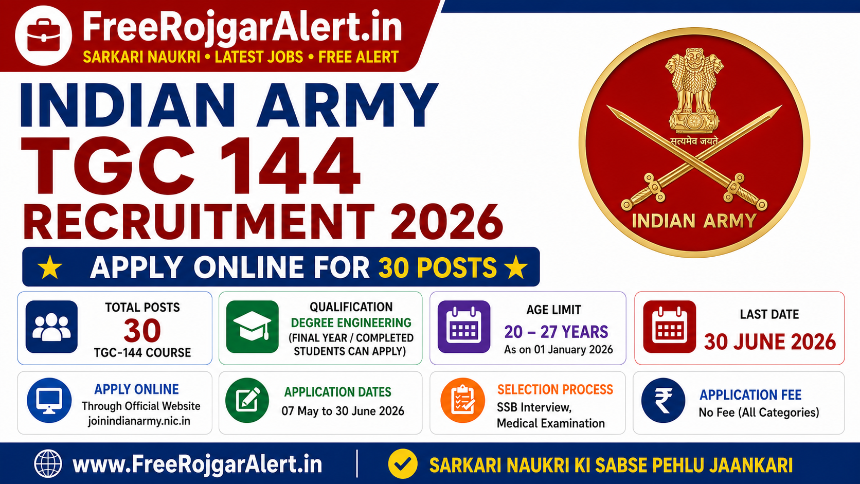 Indian Army TGC 144 Recruitment 2026 - Apply Online for 30 Posts