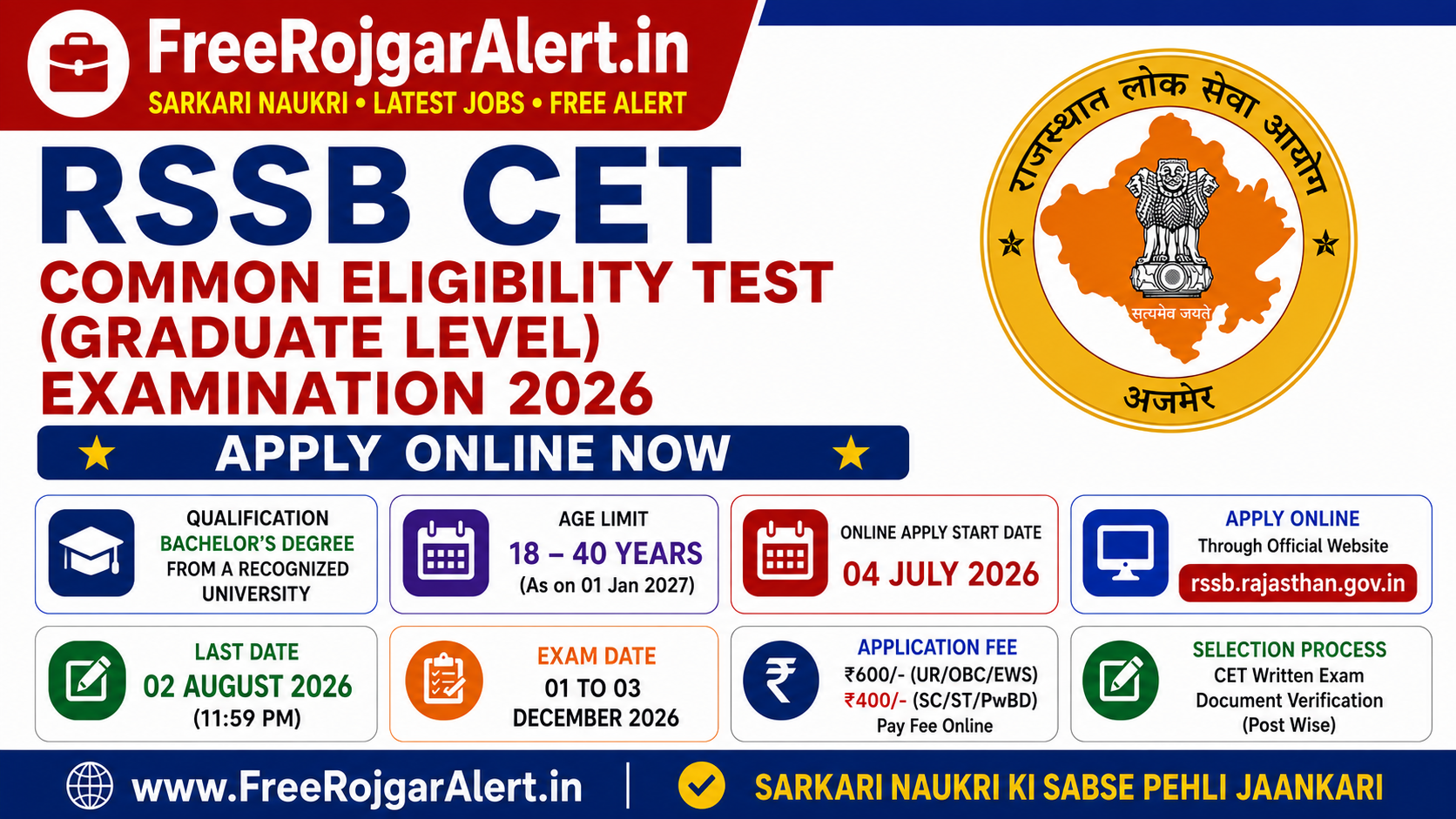 RSSB Common Eligibility Test (Graduate Level) Examination 2026 official notification, important dates, eligibility, application fee and exam details.